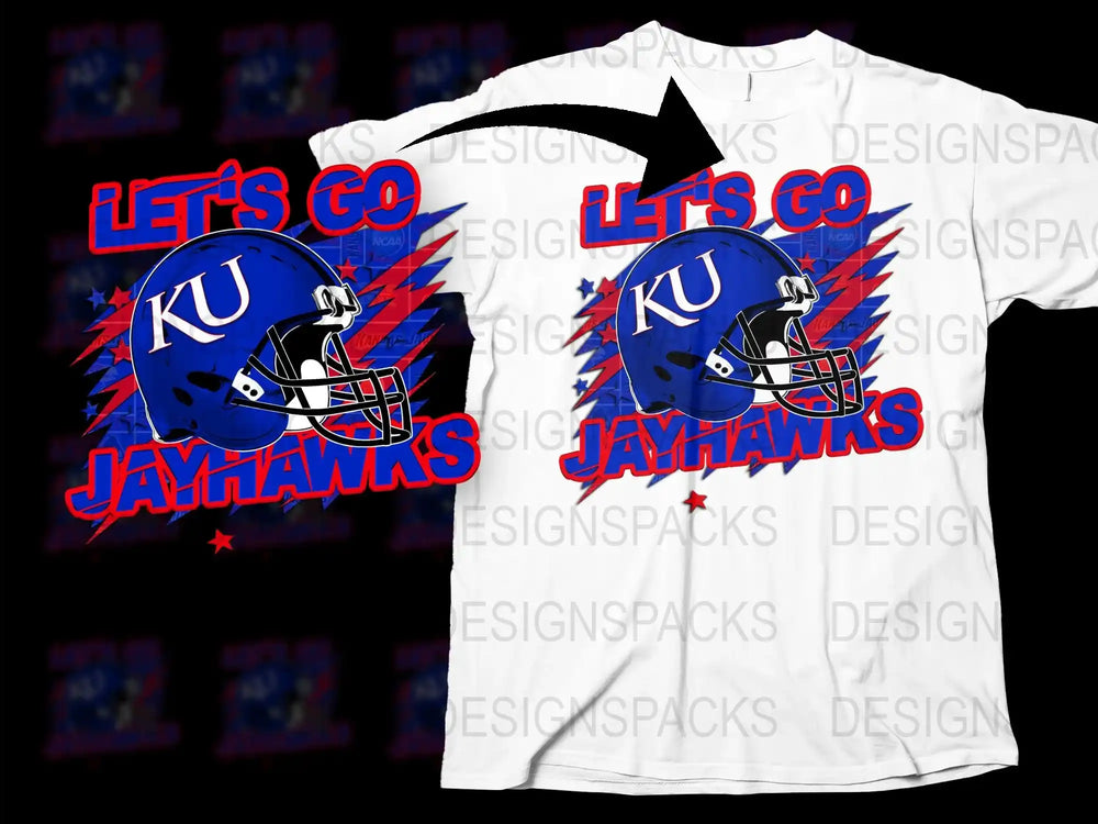 Let's Go KU Jayhawks Football Helmet Graphic T-Shirt, College Sports Fan Apparel, Red and Blue Design