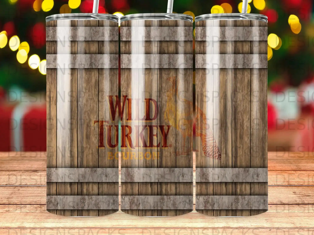 Wild Turkey Bourbon barrel design on a tumbler with wood grain pattern.