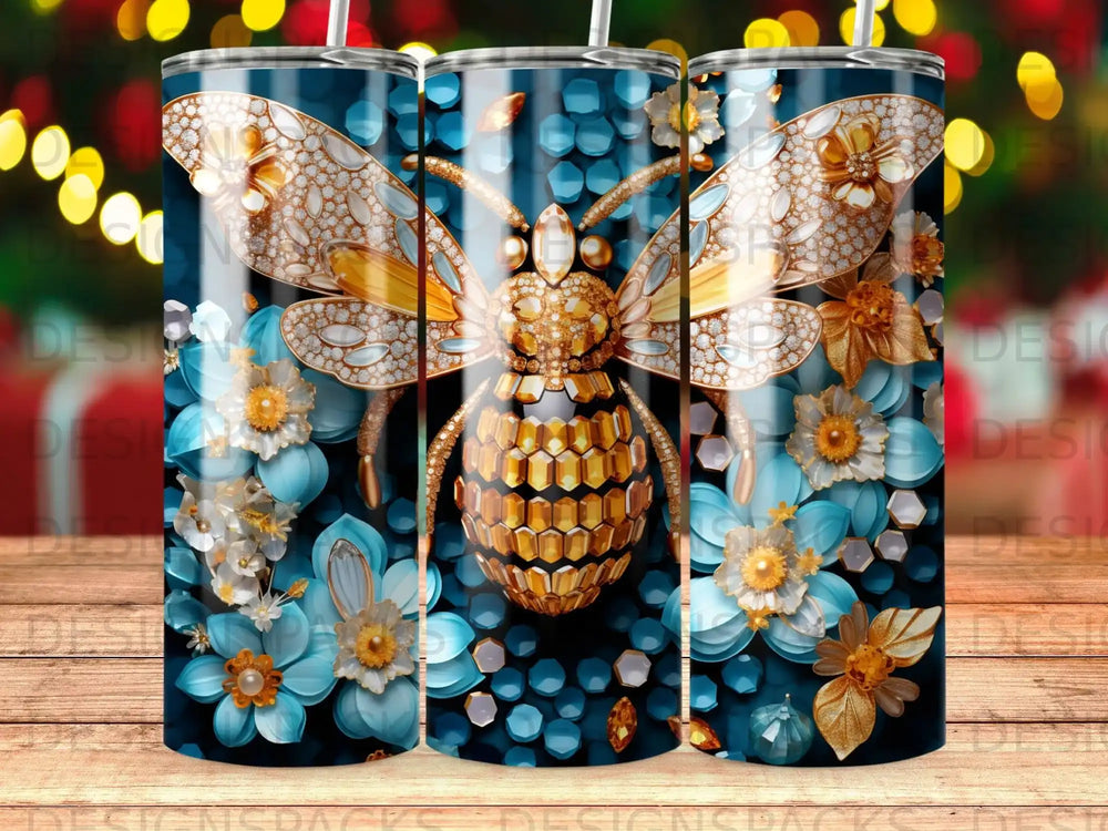 Gold and jeweled bee with blue flowers on a hexagonal background.