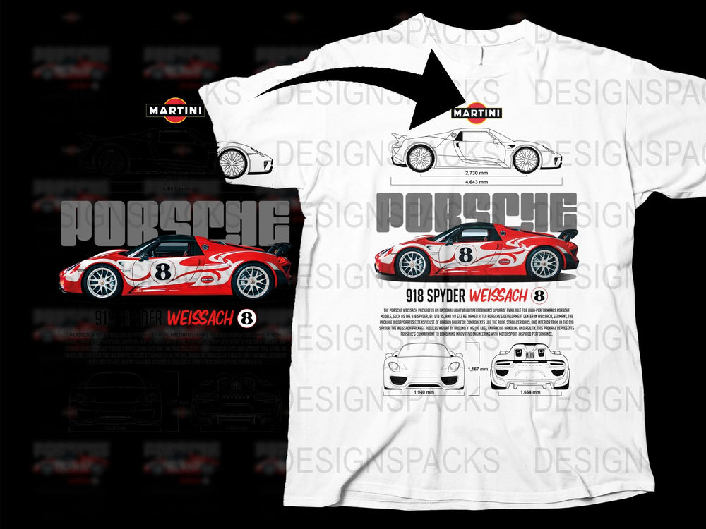 Porsche 918 Spyder Weissach Martini Racing Graphic T-Shirt, Motorsport Car Enthusiast Apparel, Unisex White Tee