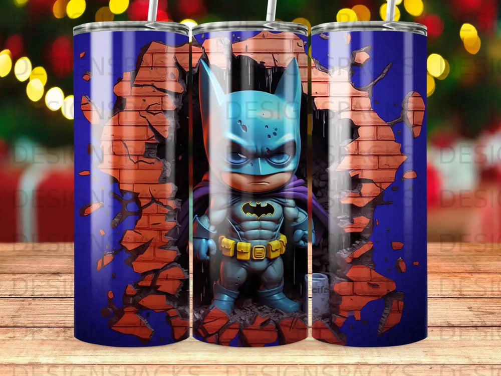 Batman breaking through a brick wall, cartoon style.