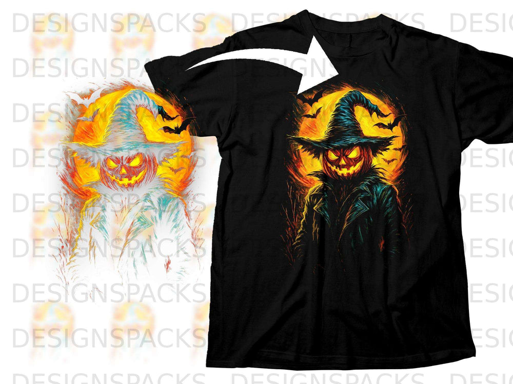 Black t-shirt with a Halloween pumpkin wearing a hat and bats against a glowing moon.