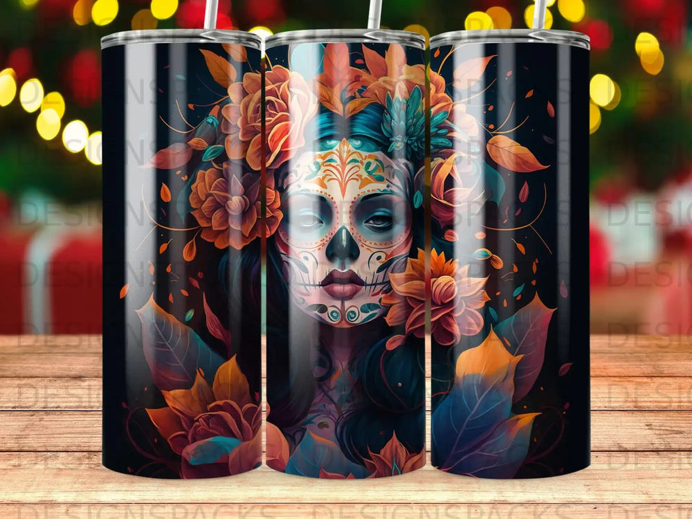 Sugar skull woman with flowers, vibrant colors, on a black background.