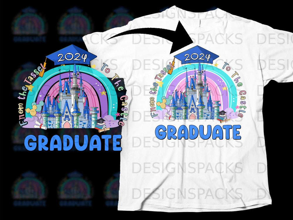 Graduate 2024 castle rainbow graphic with text "From the Tassel to the Castle".