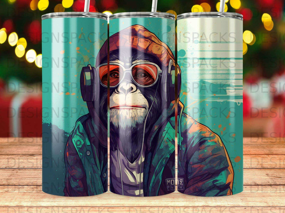Monkey wearing headphones and sunglasses, holding a drink.