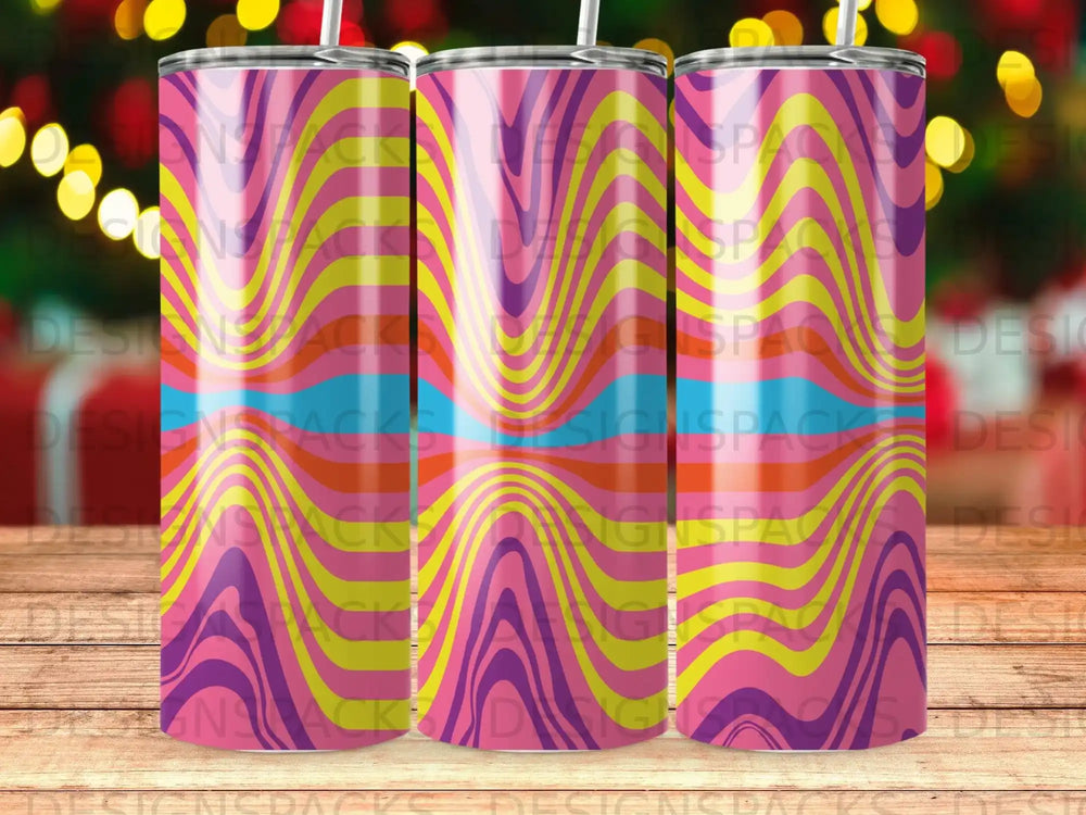 Tumbler with pink, purple, yellow, and blue wavy striped pattern.