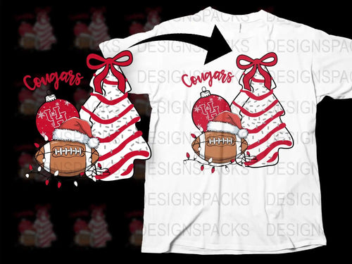 Cougars Football T-Shirt, Red and White Christmas Design, Holiday Sports Apparel