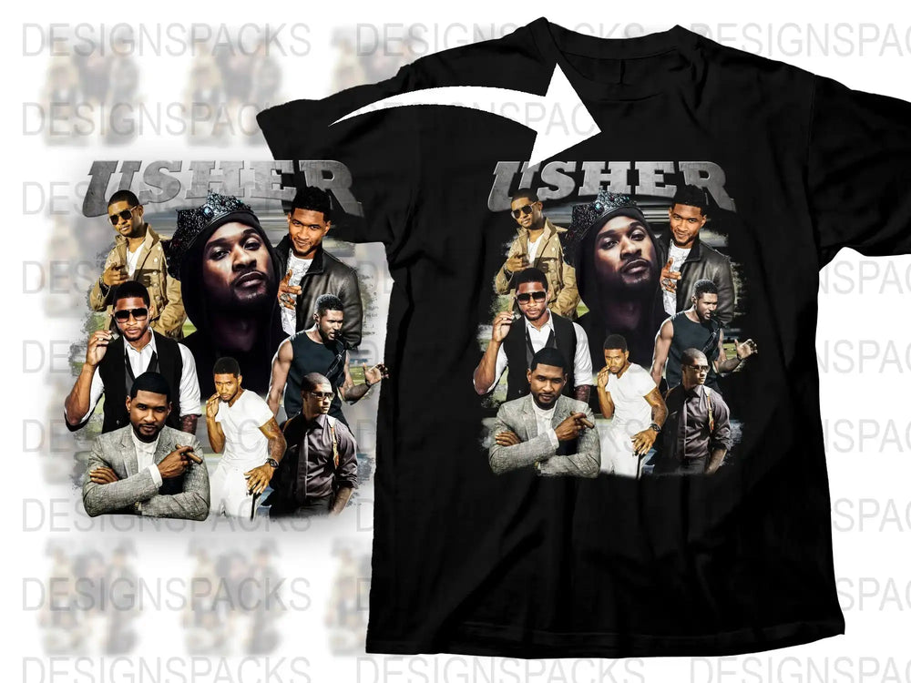 Usher Graphic T-Shirt, Vintage Style Hip Hop Tee, Multiple Poses, Black Cotton Shirt, Music Fan Apparel, Unisex Fashion