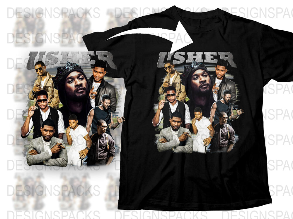 Usher Graphic T-Shirt, Vintage Style Hip Hop Tee, Multiple Poses, Black Cotton Shirt, Music Fan Apparel, Unisex Fashion