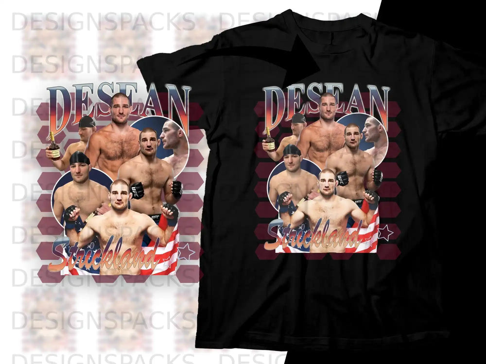 UFC fighter Sean Strickland wearing a championship belt on a black t-shirt.
