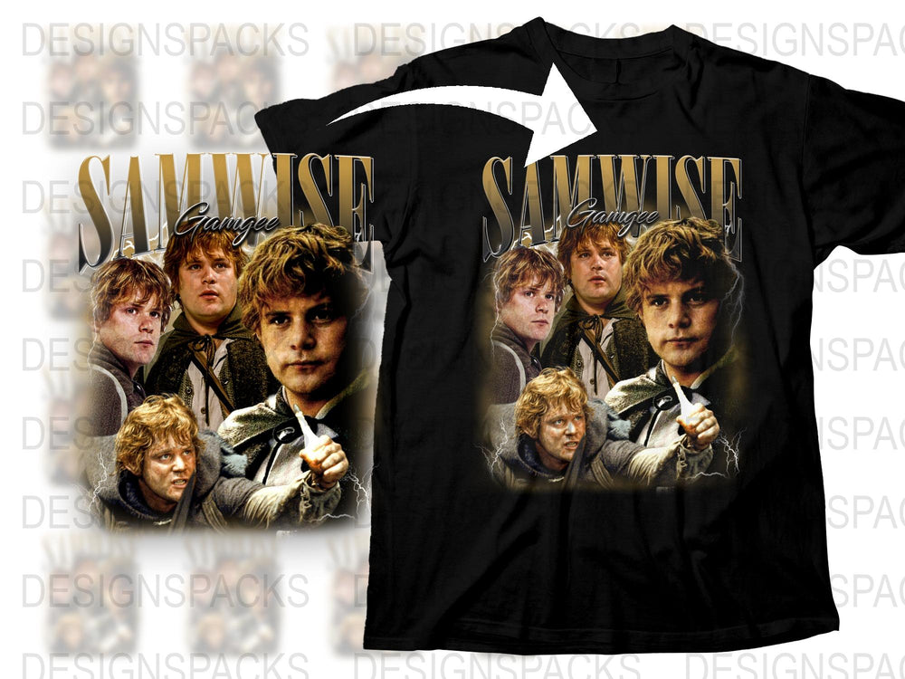 Samwise Gamgee T-Shirt, Lord of the Rings Fan Tee, Fantasy Movie Inspired Black Shirt, Multiple Character Poses, Gift for Movie Enthusiasts