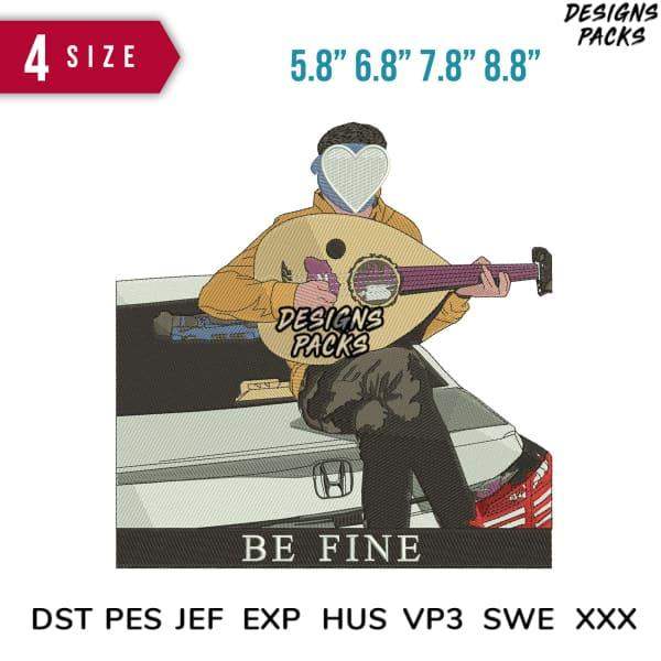 Embroidery design of musician with heart mask, guitar, and 'BE FINE' text, available in DST PES JEF formats