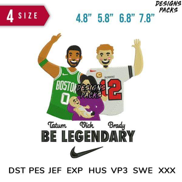 Embroidery design featuring sports players in jerseys with 'BE LEGENDARY' text, available in multiple sizes and formats.