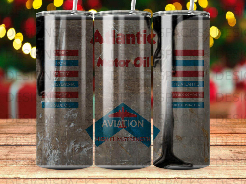 Atlantic Aviation Motor Oil can with red, white, and blue stripes.