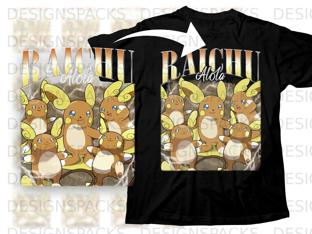 "Raichu Alola" text above group of Alolan Raichu characters with lightning effects.