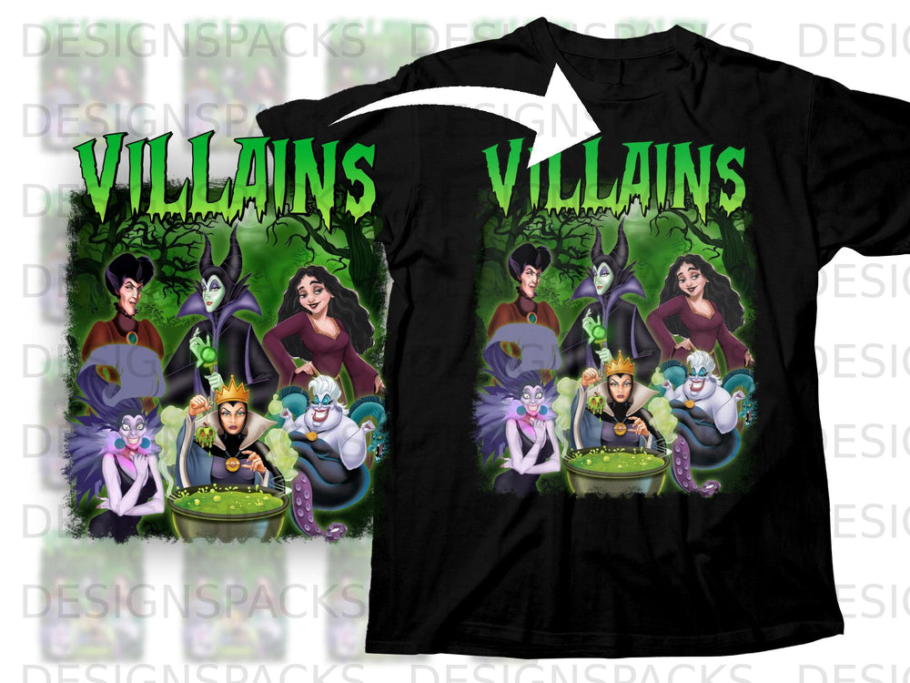 Black t-shirt featuring Disney villains Maleficent, Evil Queen, Ursula, and others with "Villains" text.