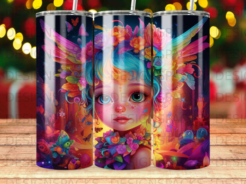 Whimsical fairy illustration with colorful wings, flowers, and butterflies.