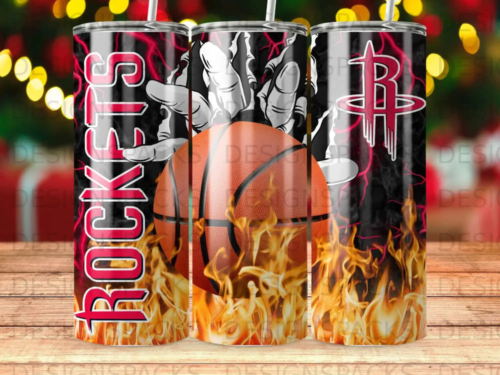Houston Rockets tumbler with basketball and flames design.