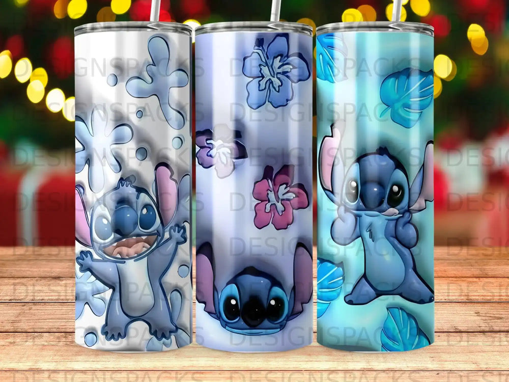 Three Stitch tumblers with blue floral and snowflake backgrounds.