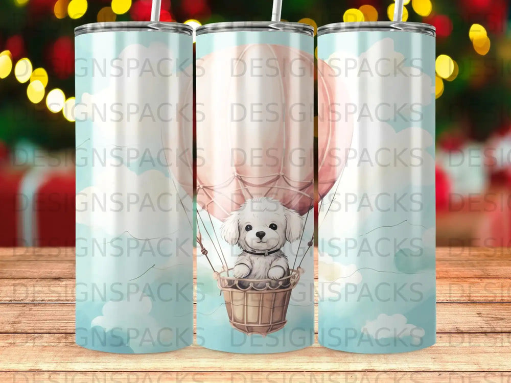 Dog in hot air balloon with colorful background.