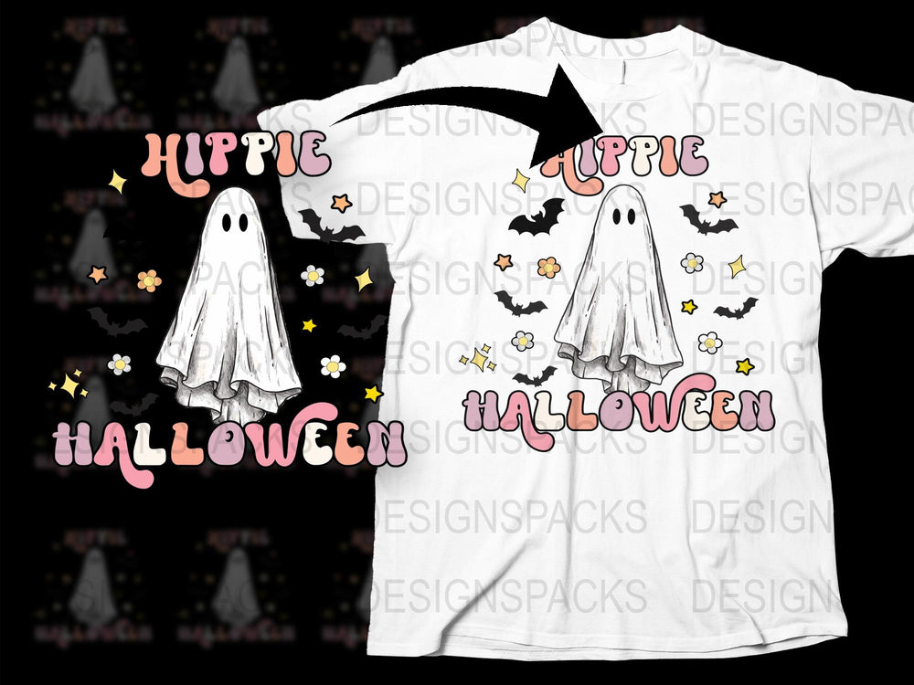 Cute Hippie Halloween T-Shirt, Ghost and Flowers Graphic Tee, Unisex White Casual Apparel