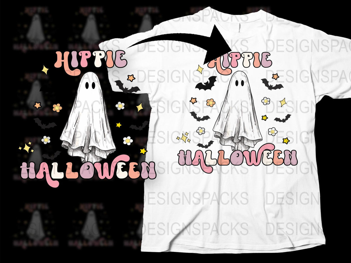 Cute Hippie Halloween T-Shirt, Ghost and Flowers Graphic Tee, Unisex White Casual Apparel