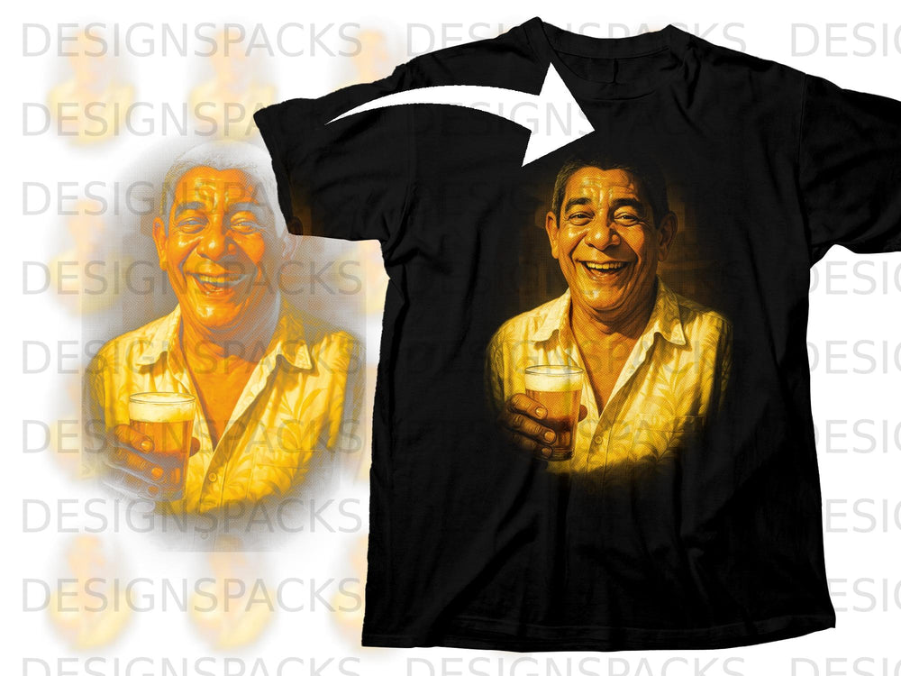 Black t-shirt with graphic of a smiling man holding a glass of beer.