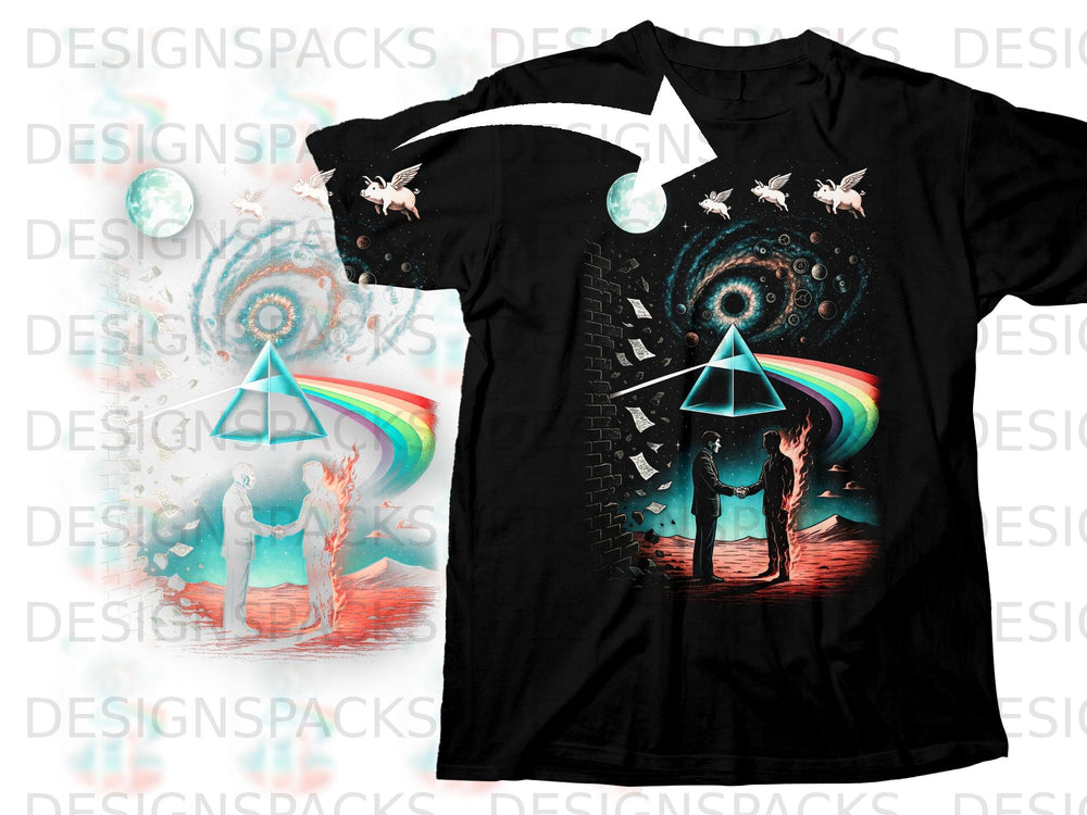 Black t-shirt with cosmic design featuring a prism, rainbow, flying pigs, and men shaking hands.