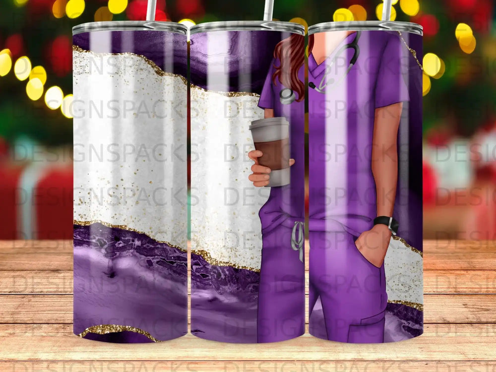 Purple marbled tumbler with nurse illustration holding coffee cup.