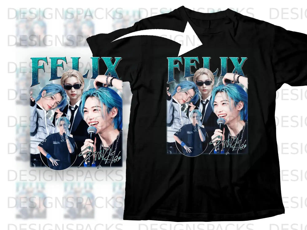 Black t-shirt with graphic featuring K-pop artist Felix of Stray Kids.