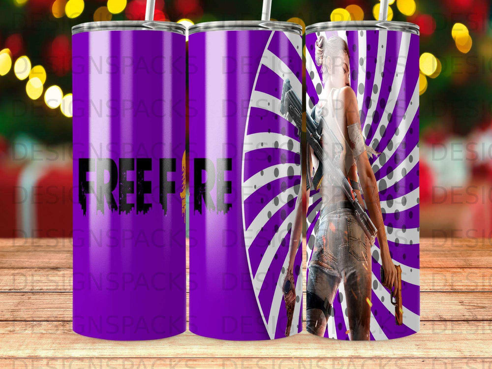 Free Fire character on a purple and white striped tumbler.