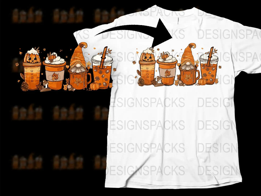Autumn Gnomes T-Shirt, Fall Pumpkin Spice Latte Design, Cozy Seasonal Graphic Tee, Unisex Fashion Tops for Fall Festivities