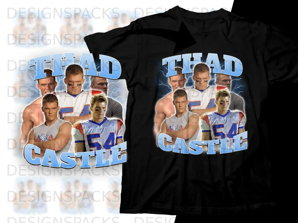 Black t-shirt mockup featuring "THAD CASTLE" with football player imagery.