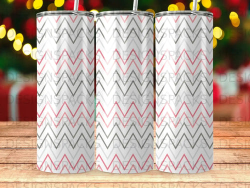 Three tumblers with a zigzag pattern of pink, gray, and white.