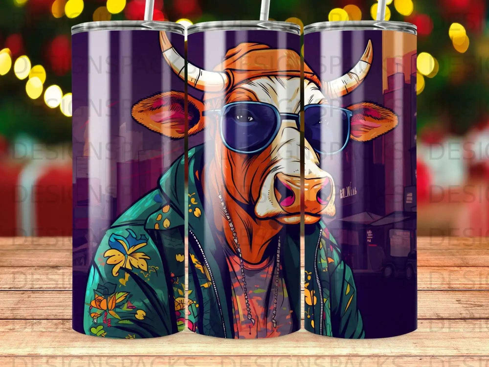 Cow wearing sunglasses and a colorful jacket, digital art.