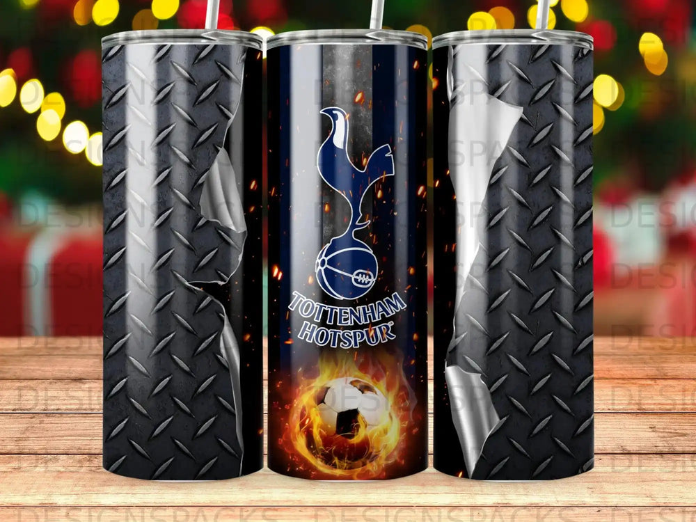 Tottenham Hotspur tumbler with team logo, soccer ball, and fiery design.