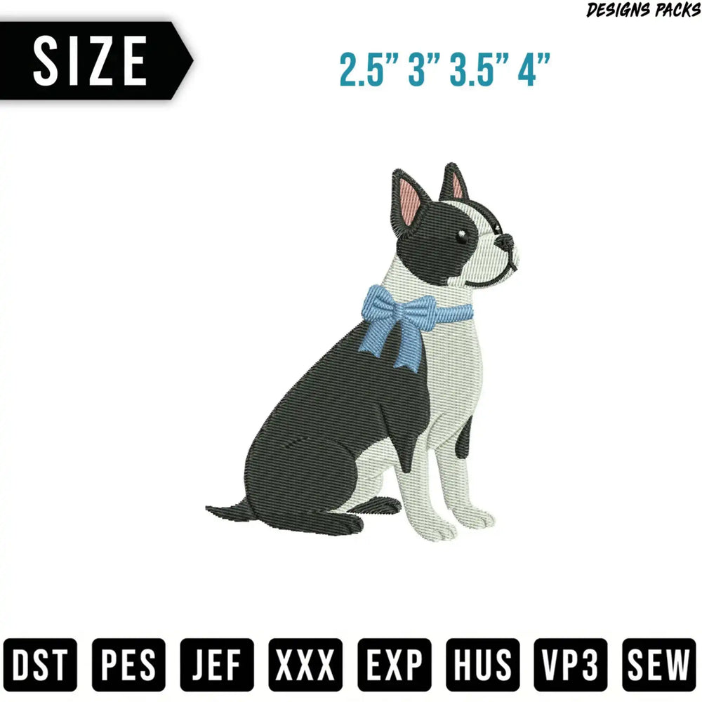 Boston Terrier embroidery design with size options and file formats.