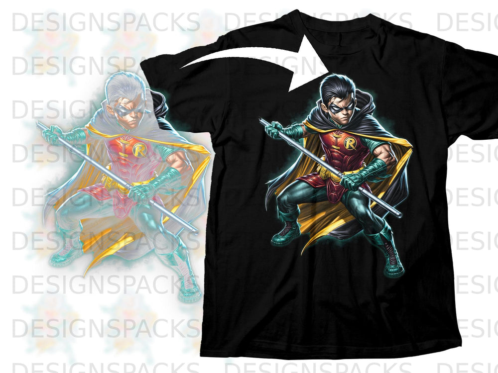 Black t-shirt with Robin comic book character graphic and white arrow overlay.