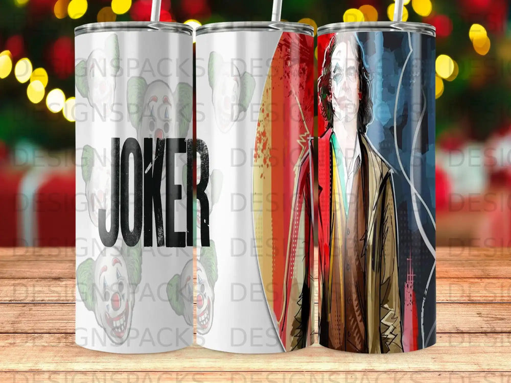 Joker graphic on a white tumbler with watermarks.