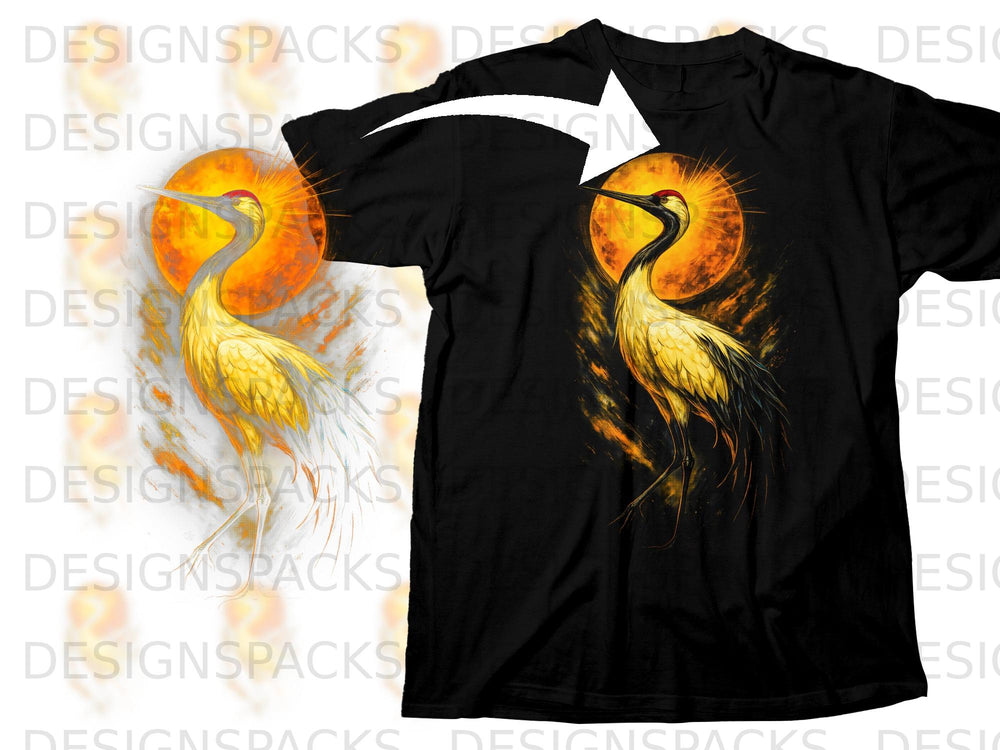 Black t-shirt with a yellow crane and orange sun graphic.