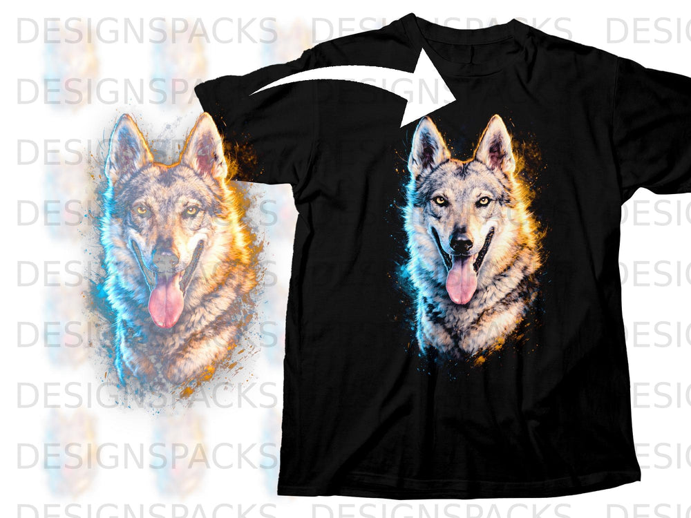 Black t-shirt featuring a vibrant, painterly wolf portrait with blue and orange accents.