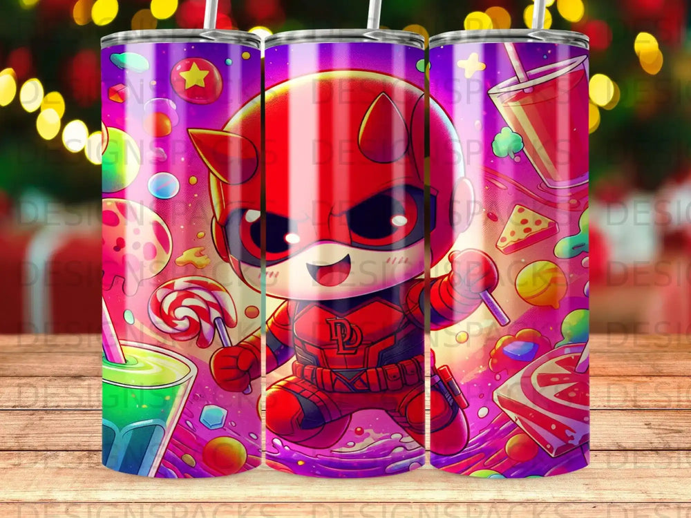 Cartoon character in red superhero costume holding a lollipop, surrounded by candy.