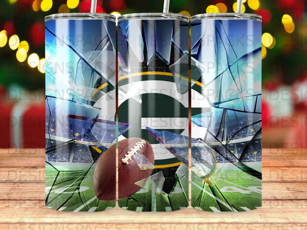 Green Bay Packers football on shattered glass stadium background with bokeh lights.