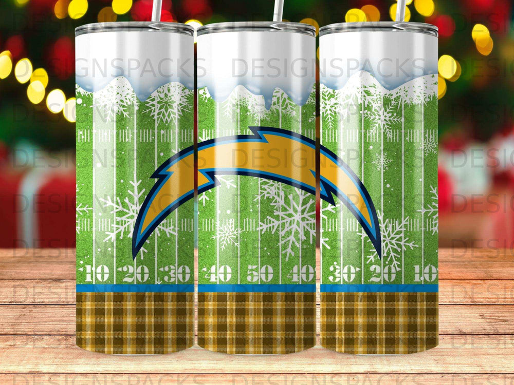 Los Angeles Chargers logo on a plaid and snowflake tumbler.