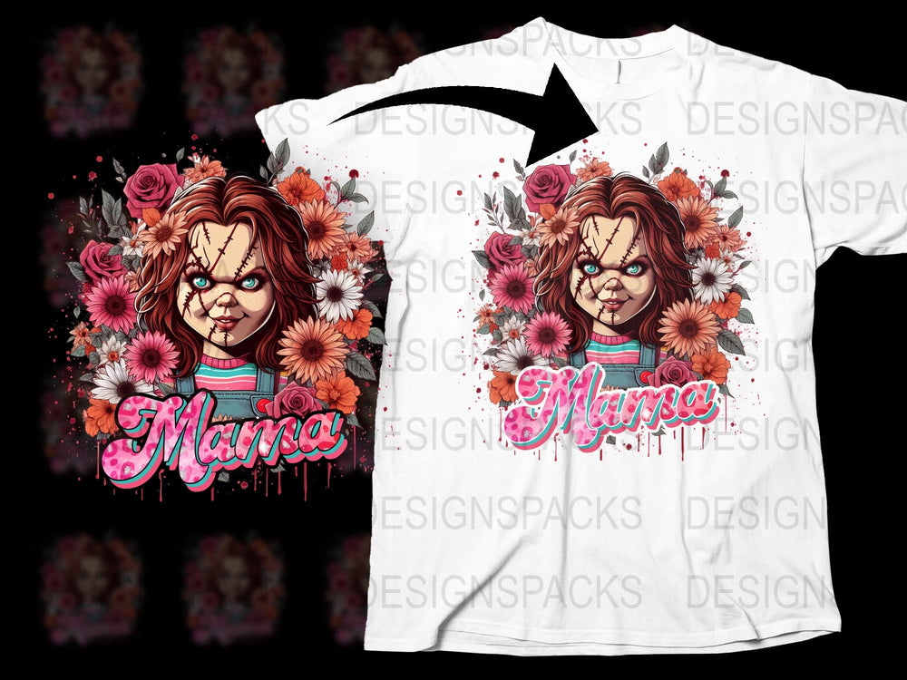 Chucky Mama Horror T-Shirt, Floral Graphic Tee, Spooky Doll Design, Unique Gift for Horror Fans, White Cotton Shirt