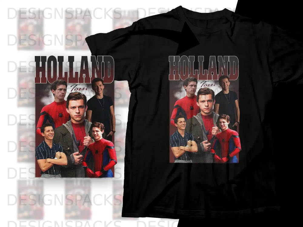 T-shirt with collage of Tom Holland as Spider-Man and actor Tom Holland.