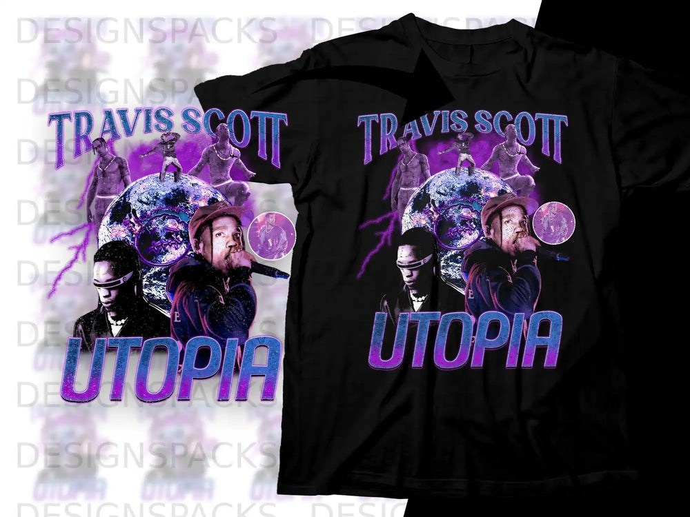 Travis Scott Utopia graphic t-shirt with purple cosmic design.