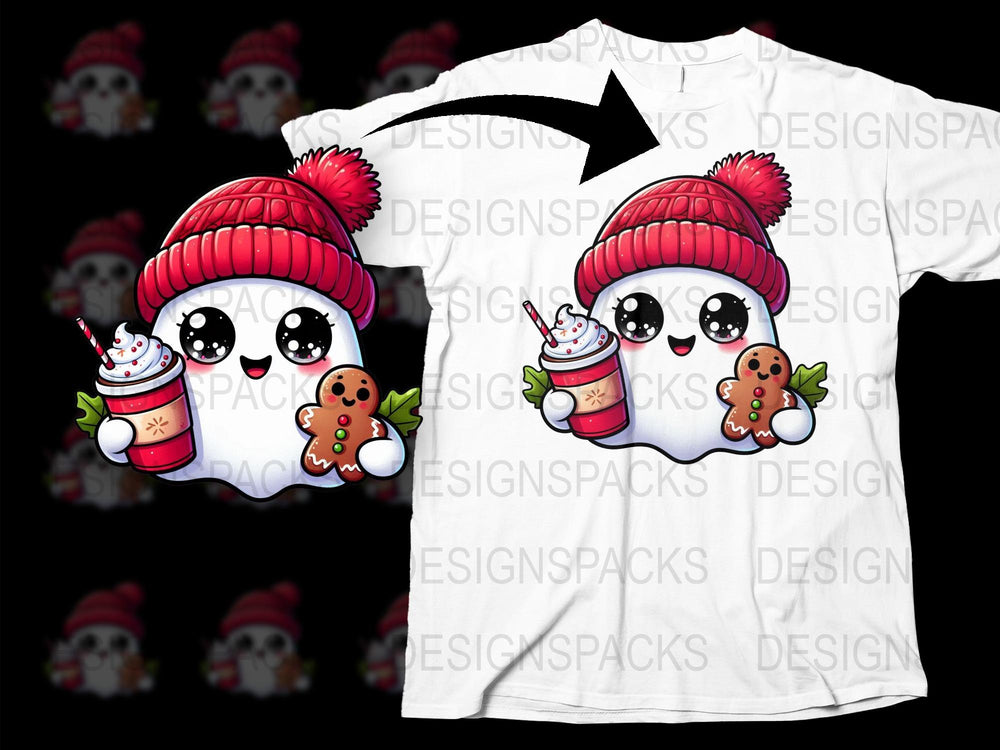 Cute Christmas T-Shirt, Kawaii Gingerbread and Hot Chocolate, Festive Holiday Tee with Red Beanie Design for All Ages