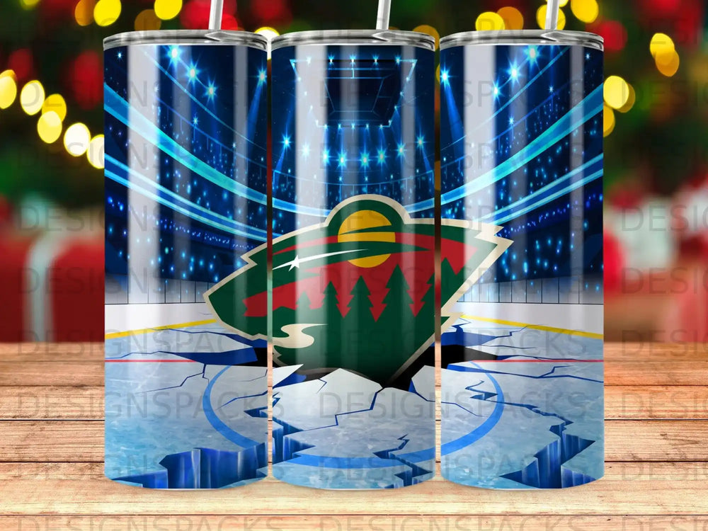 Minnesota Wild logo on cracked ice rink with stadium lights.