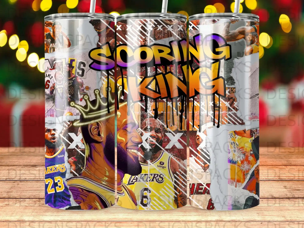 LeBron James wearing Lakers jersey with "Scoring King" text.